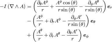 \begin{align*}
-I\lp\nabla \W A\rp & =   \left(\frac{\partial_{{\theta}} {A^{{\phi}}}}{r} + \frac{{A^{{\phi}}} \operatorname{cos}\left({\theta}\right)}{r \operatorname{sin}\left({\theta}\right)} -\frac{\partial_{{\phi}} {A^{{\theta}}}}{r \operatorname{sin}\left({\theta}\right)}\right){}\bm{e}_{r} \\ & - \left(\frac{{A^{{\phi}}}}{r} + \partial_{r} {A^{{\phi}}} -\frac{\partial_{{\phi}} {A^{r}}}{r \operatorname{sin}\left({\theta}\right)}\right){}\bm{e}_{{\theta}} \\ & + \left(\frac{{A^{{\theta}}}}{r} + \partial_{r} {A^{{\theta}}} -\frac{\partial_{{\theta}} {A^{r}}}{r}\right){}\bm{e}_{{\phi}}\end{align*}